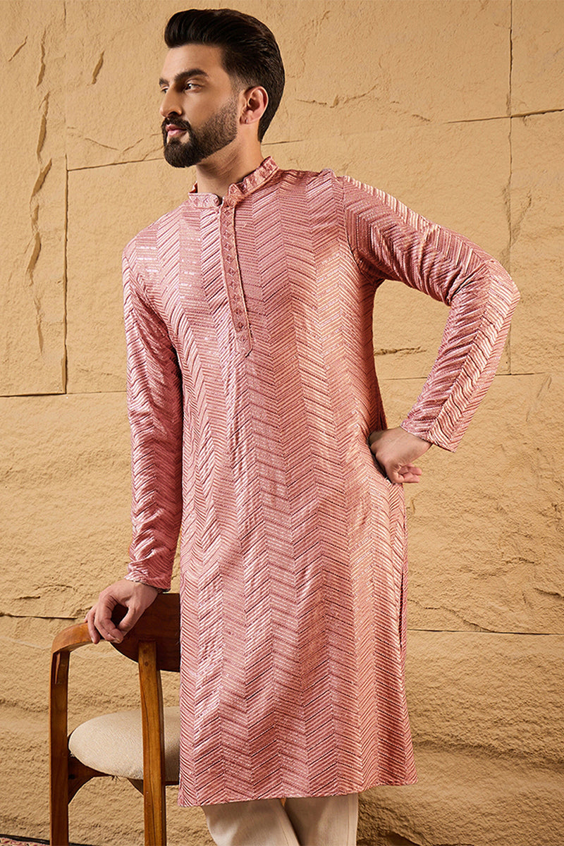 Ethnic Bay Peach Viscose Rayon Solid Embroidered Straight Kurta For Me
