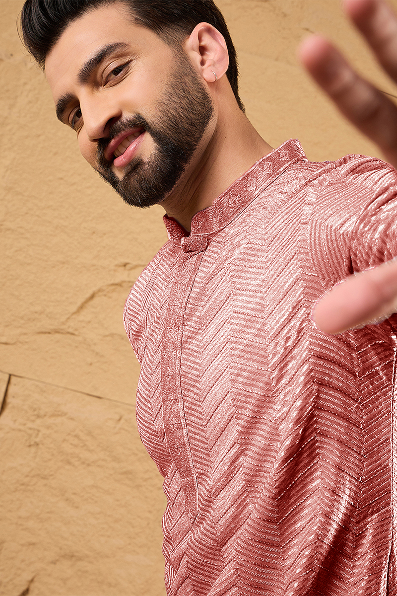 Ethnic Bay Peach Viscose Rayon Solid Embroidered Straight Kurta For Me
