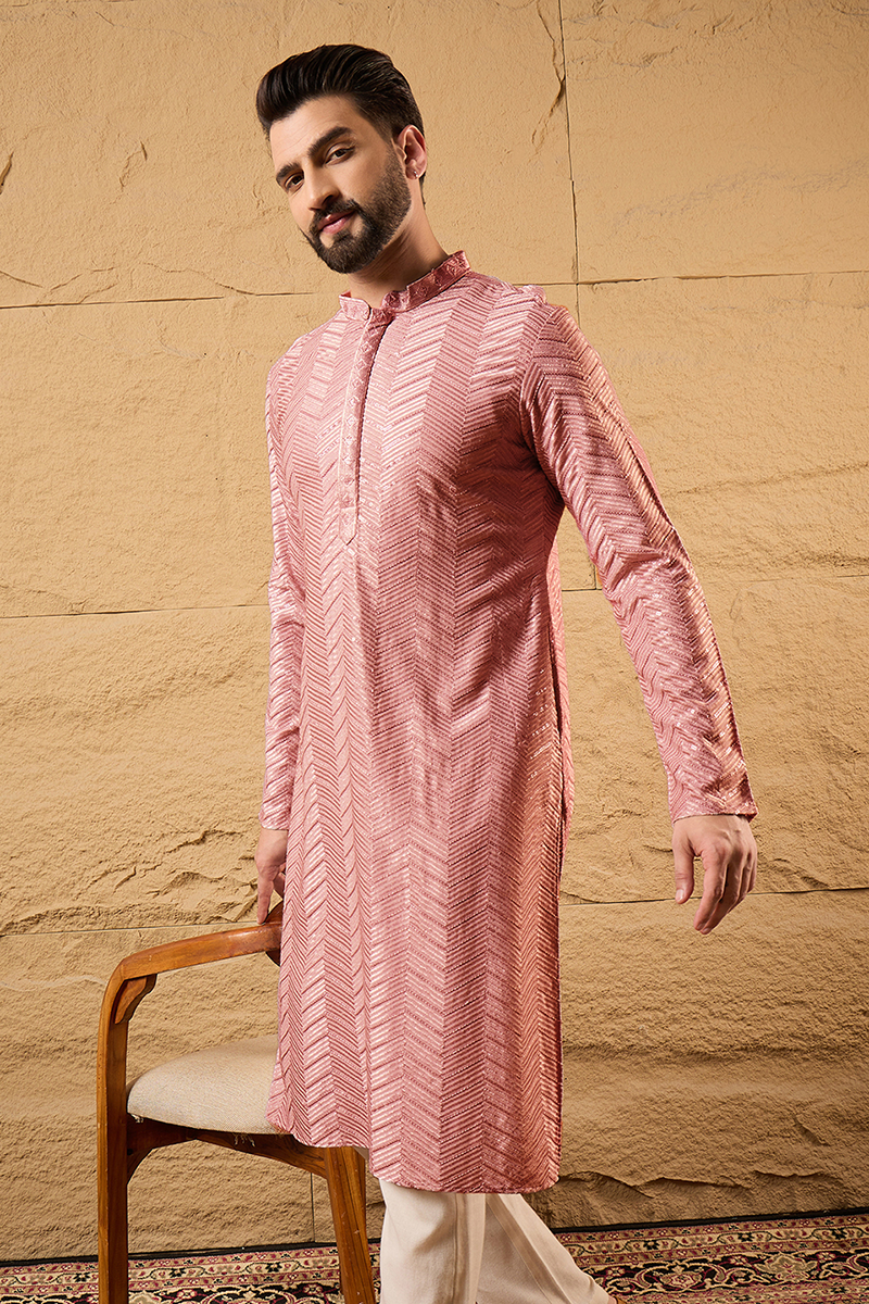 Ethnic Bay Peach Viscose Rayon Solid Embroidered Straight Kurta For Me