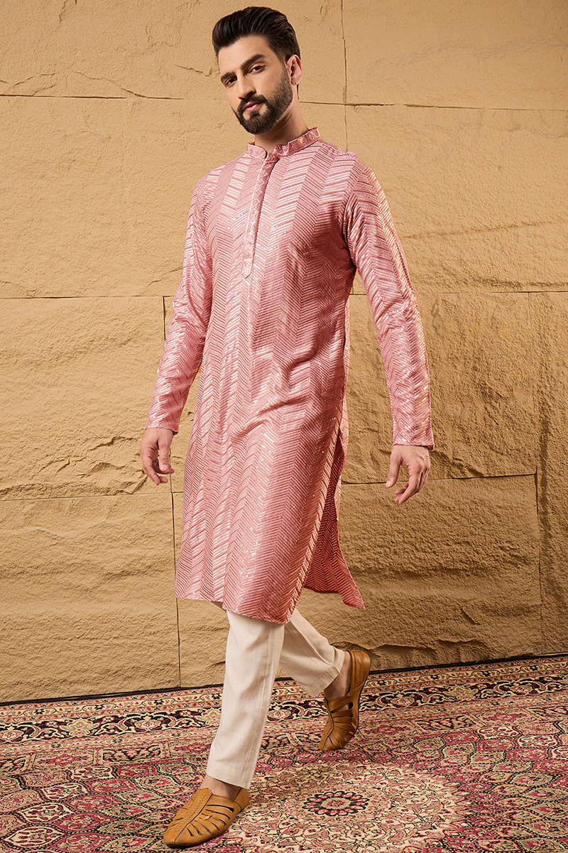 Ethnic Bay Peach Viscose Rayon Solid Embroidered Straight Kurta For Me