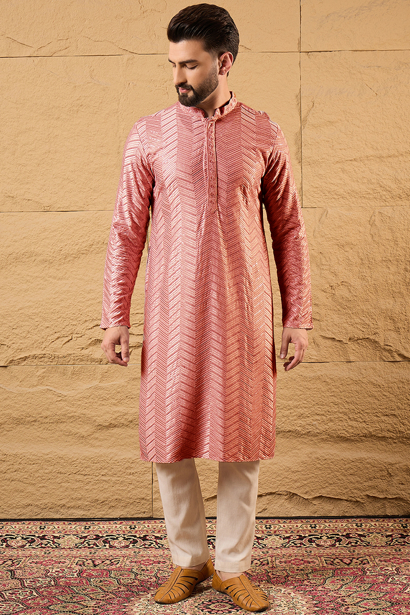 Ethnic Bay Peach Viscose Rayon Solid Embroidered Straight Kurta For Me