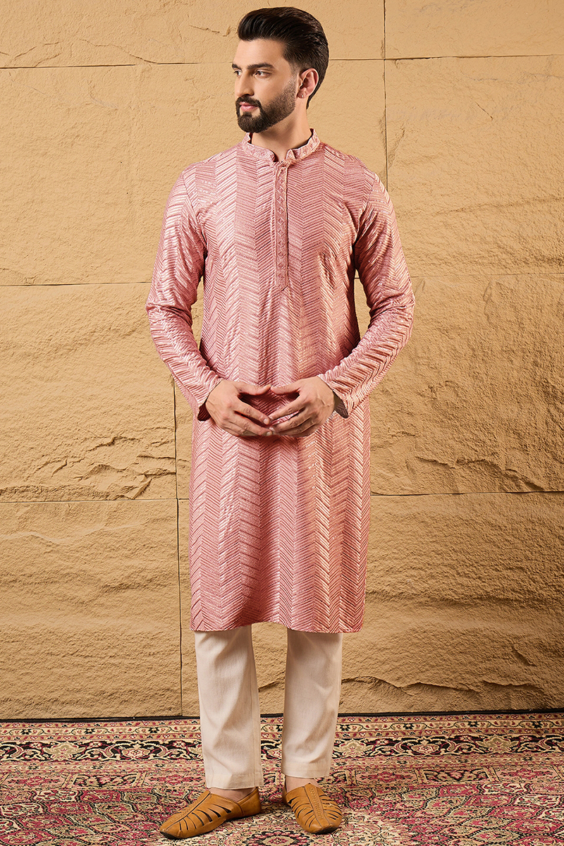 Ethnic Bay Peach Viscose Rayon Solid Embroidered Straight Kurta For Me