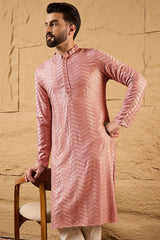 Ethnic Bay Peach Viscose Rayon Solid Embroidered Straight Kurta For Men MKU1104