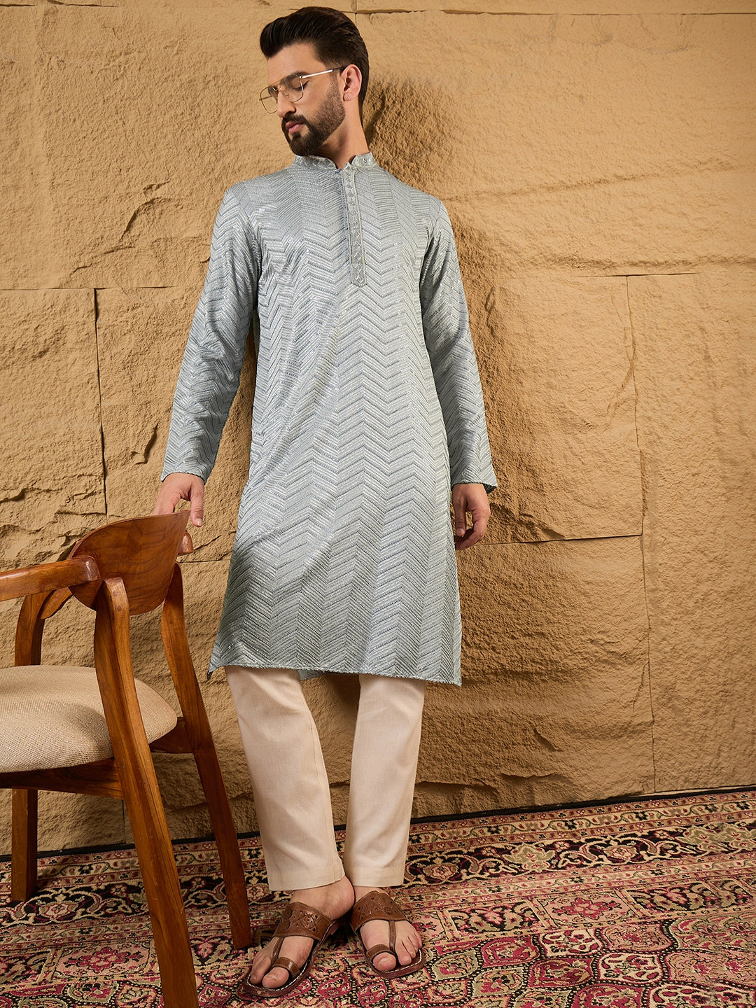 Ethnic Bay Men Grey Viscose Rayon Solid Embroidered Straight Kurta-MKU1106