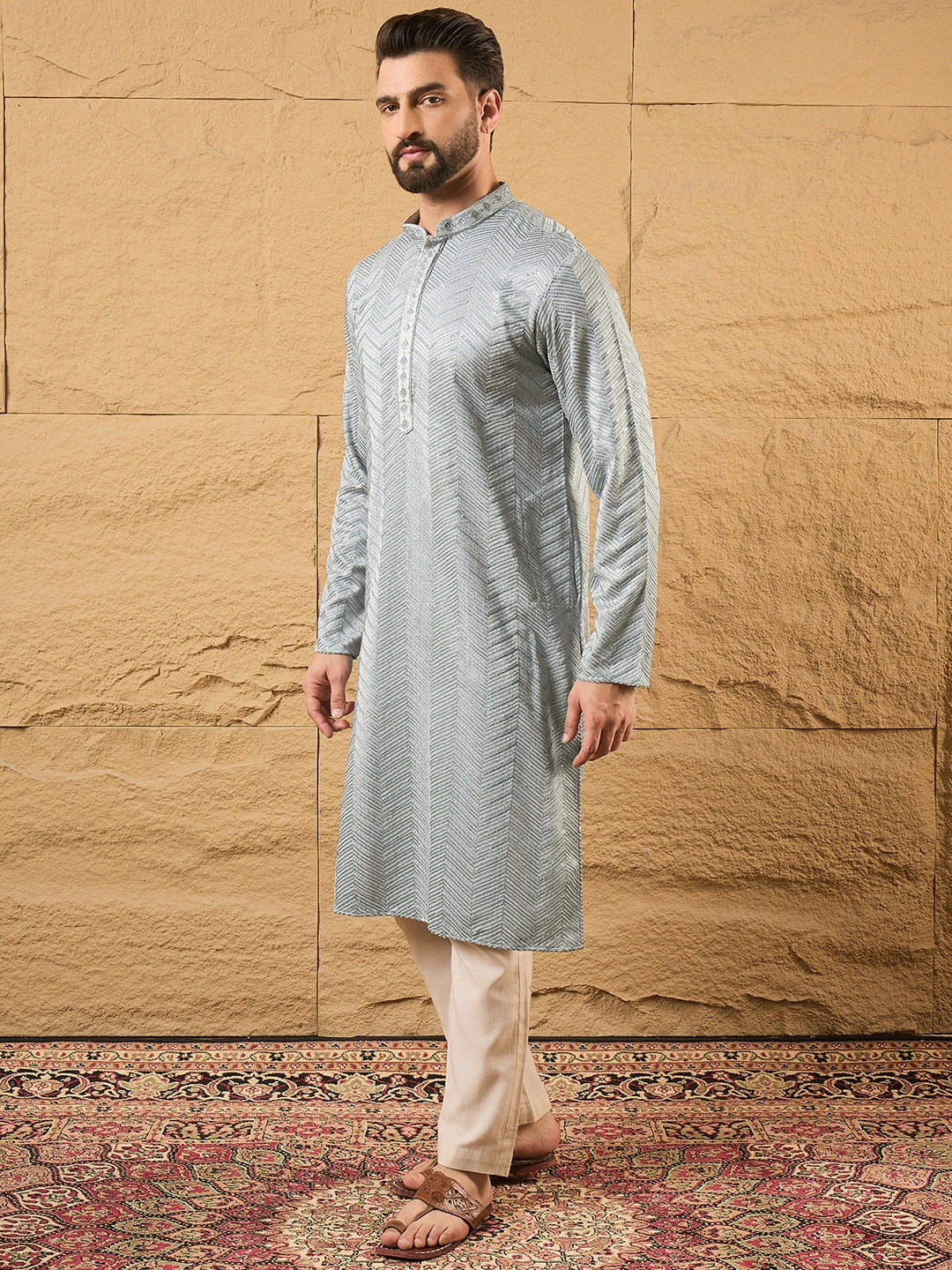 Ethnic Bay Men Grey Viscose Rayon Solid Embroidered Straight Kurta-MKU1106