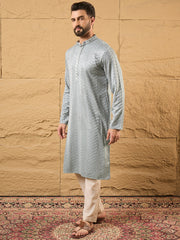 Ethnic Bay Men Grey Viscose Rayon Solid Embroidered Straight Kurta-MKU1106