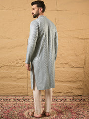 Ethnic Bay Men Grey Viscose Rayon Solid Embroidered Straight Kurta-MKU1106