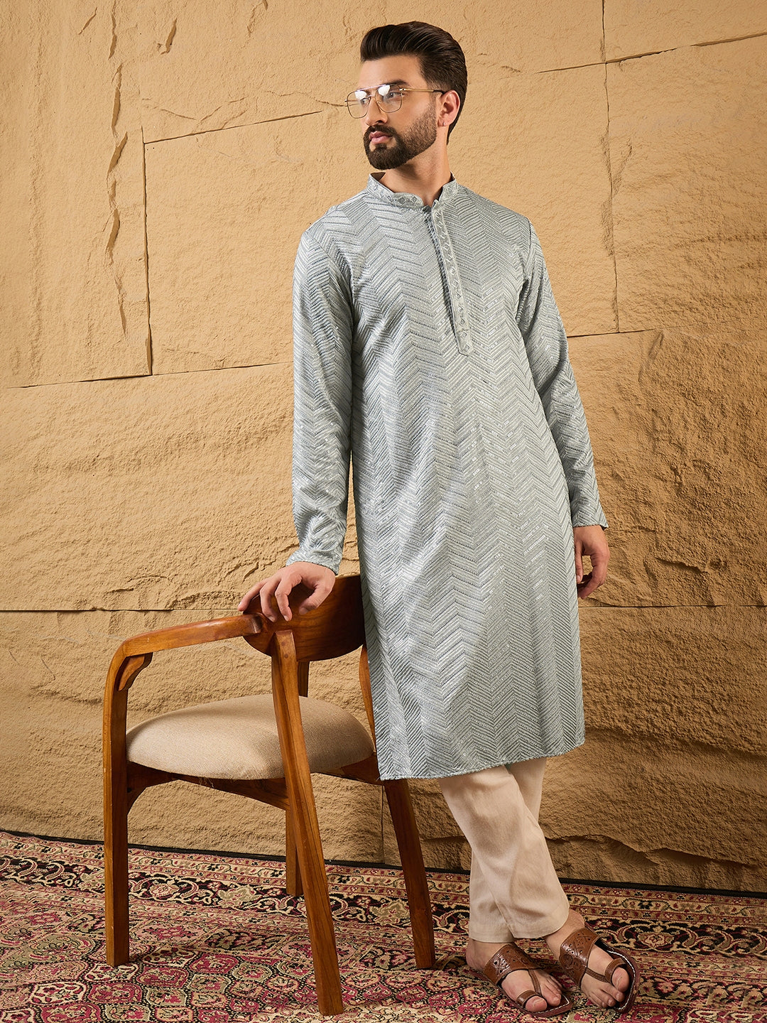 Ethnic Bay Men Grey Viscose Rayon Solid Embroidered Straight Kurta-MKU1106