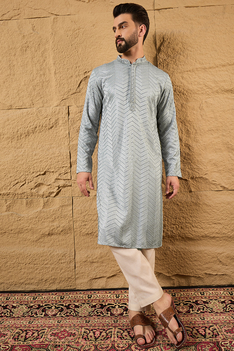 Grey Viscose Rayon Solid Embroidered Straight Ethnic Kurta HOPMKU1106 