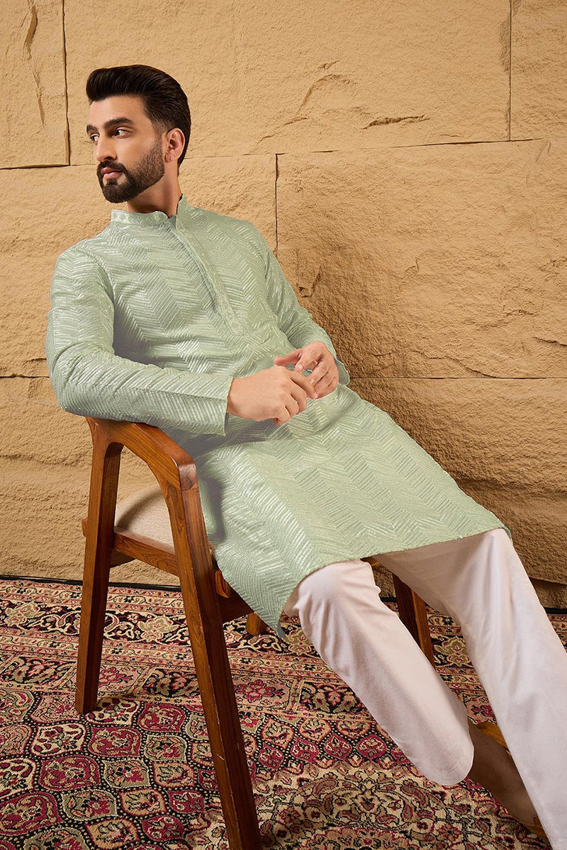 Ethnic Bay Green Viscose Rayon Solid Embroidered Straight Kurta For Me