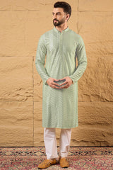 Ethnic Bay Green Viscose Rayon Solid Embroidered Straight Kurta For Men MKU1109