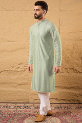Ethnic Bay Green Viscose Rayon Solid Embroidered Straight Kurta For Men MKU1109