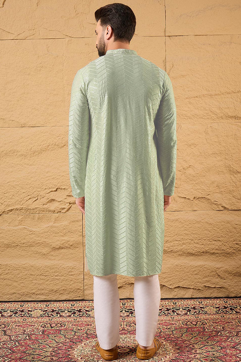 Ethnic Bay Green Viscose Rayon Solid Embroidered Straight Kurta For Me