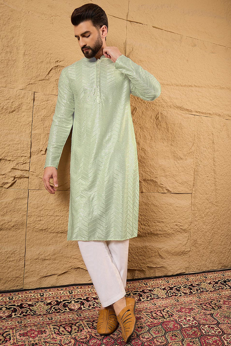 Ethnic Bay Green Viscose Rayon Solid Embroidered Straight Kurta For Me