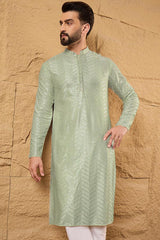 Ethnic Bay Green Viscose Rayon Solid Embroidered Straight Kurta For Men MKU1109