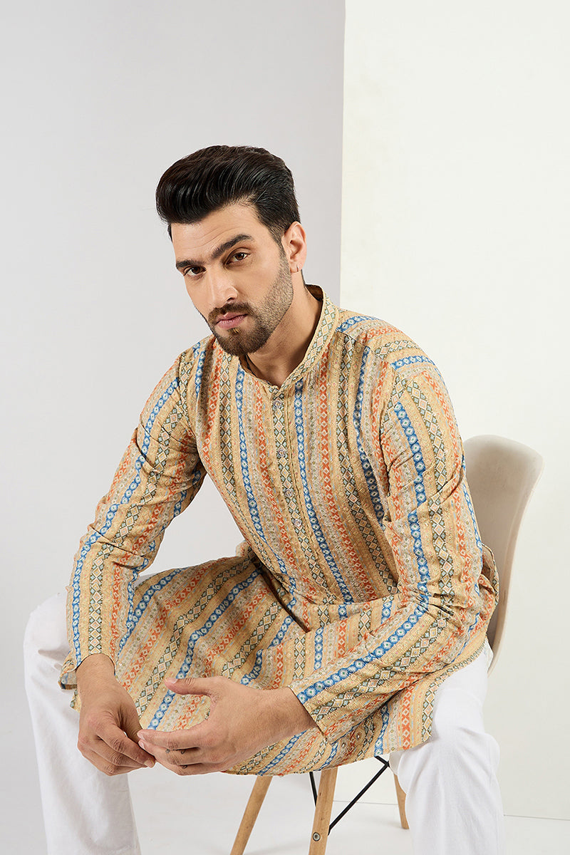  Men Yellow Viscose Rayon Geometric Embroidered Chikankari S