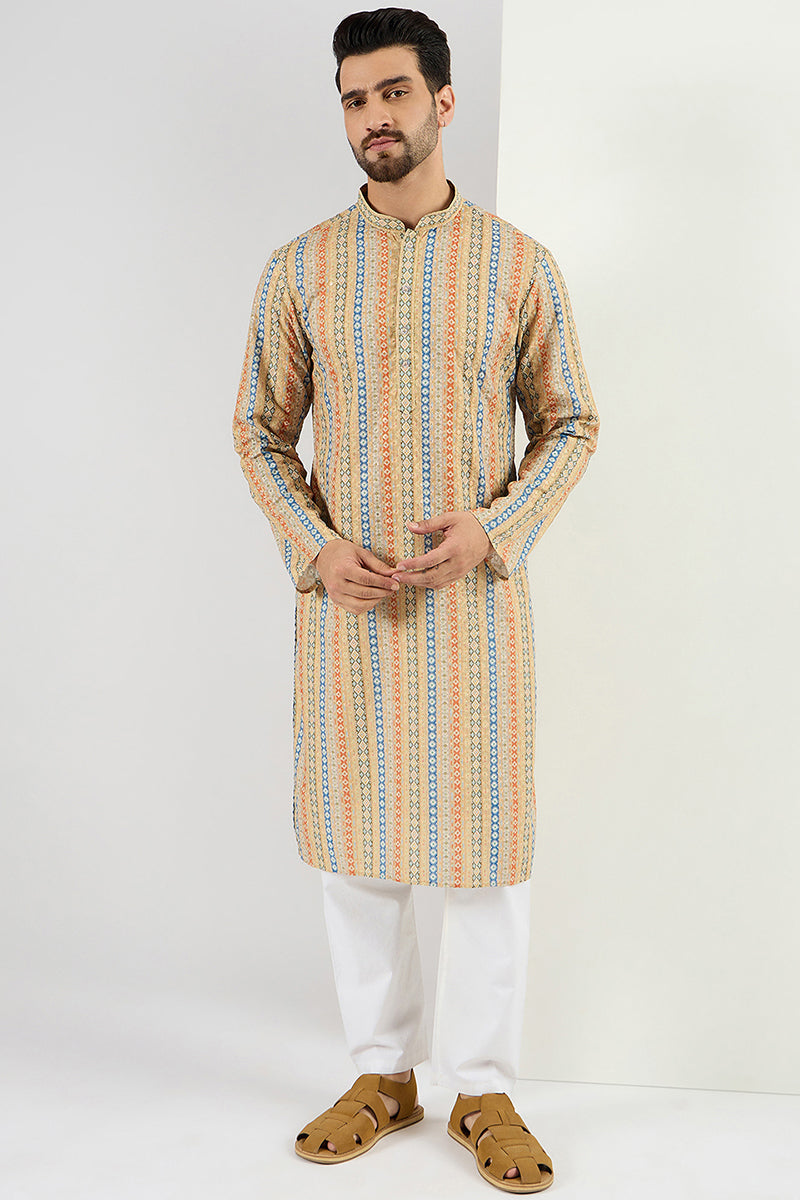  Men Yellow Viscose Rayon Geometric Embroidered Chikankari S