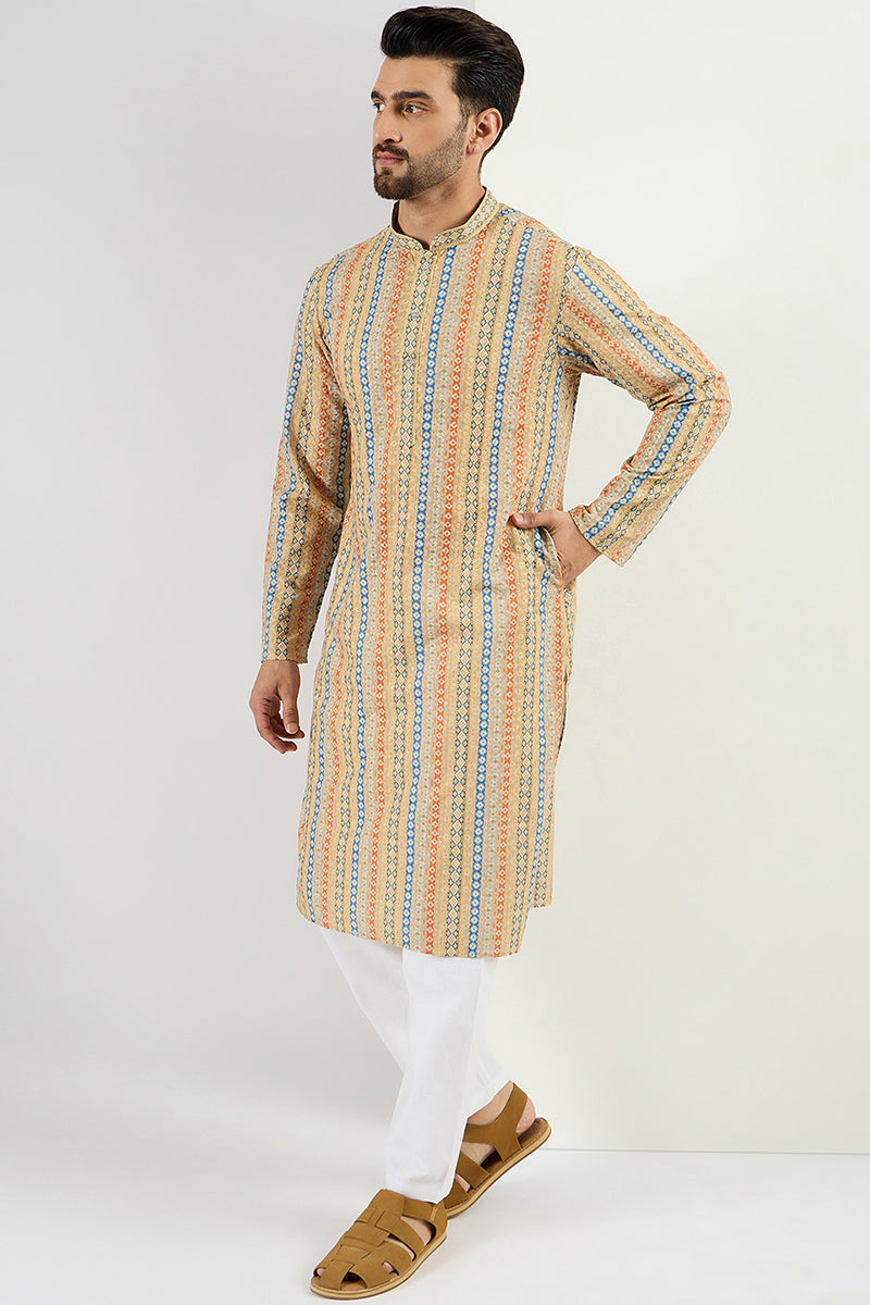  Men Yellow Viscose Rayon Geometric Embroidered Chikankari S