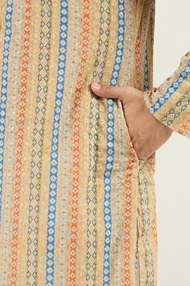  Men Yellow Viscose Rayon Geometric Embroidered Chikankari S