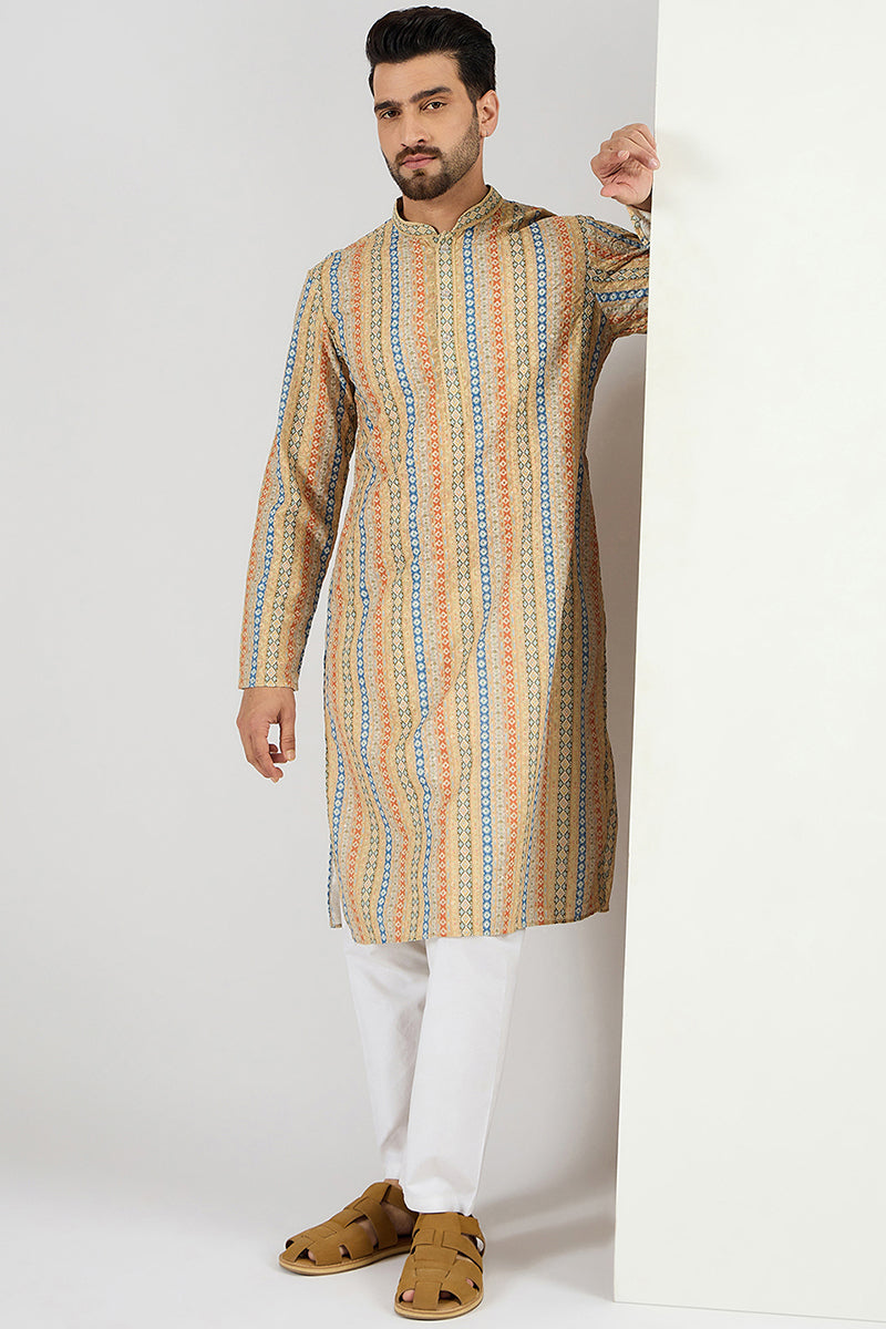 Men Yellow Viscose Rayon Geometric Embroidered Chikankari S