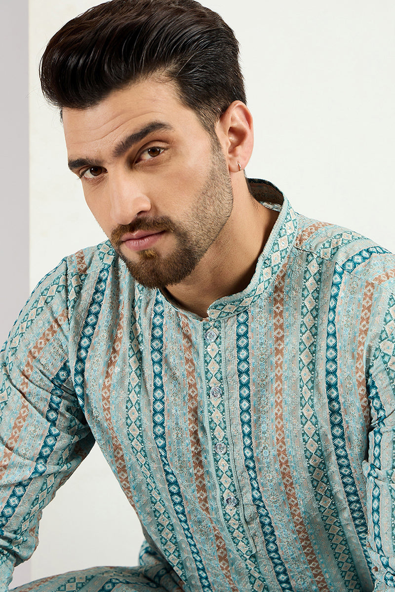  Men Teal Viscose Rayon Geometric Embroidered Chikankari Str