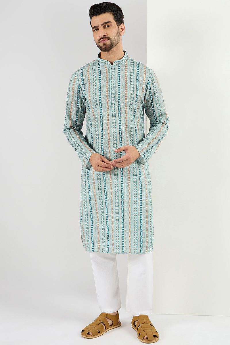  Men Teal Viscose Rayon Geometric Embroidered Chikankari Str