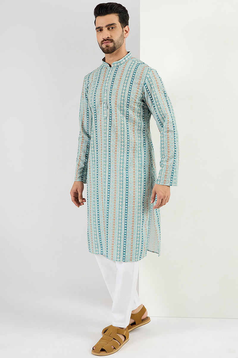  Men Teal Viscose Rayon Geometric Embroidered Chikankari Str