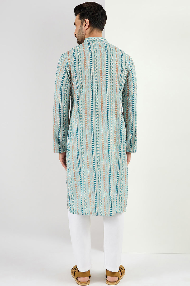  Men Teal Viscose Rayon Geometric Embroidered Chikankari Str