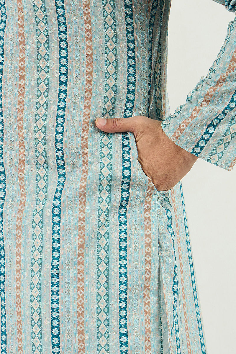  Men Teal Viscose Rayon Geometric Embroidered Chikankari Str