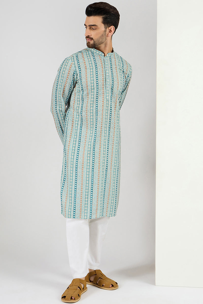  Men Teal Viscose Rayon Geometric Embroidered Chikankari Str