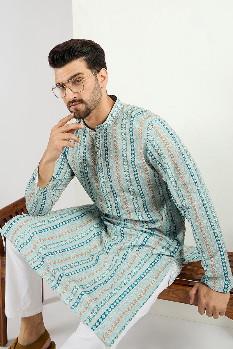  Men Teal Viscose Rayon Geometric Embroidered Chikankari Str