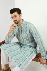 Ethnic Bay Men Teal Viscose Rayon Geometric Embroidered Chikankari Straight Kurta MKU1118