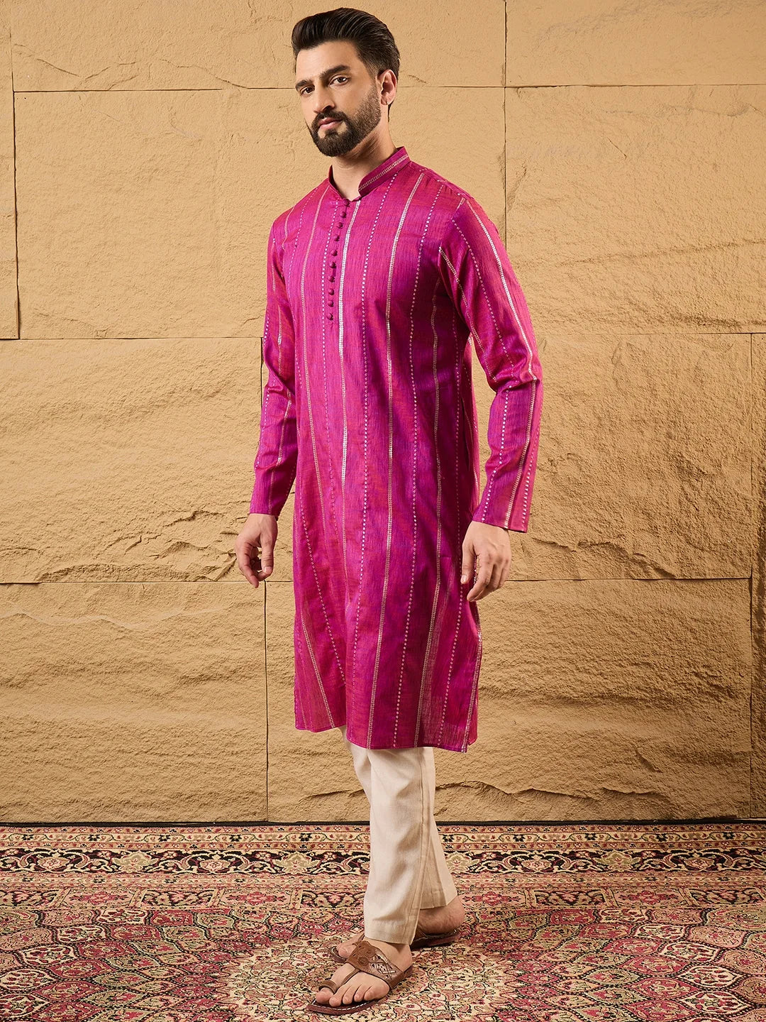 Ethnic Bay Men Pink Cotton Solid Embroidered Straight Kurta-MKU1120