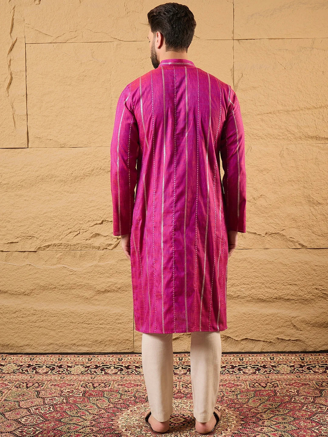 Ethnic Bay Men Pink Cotton Solid Embroidered Straight Kurta-MKU1120