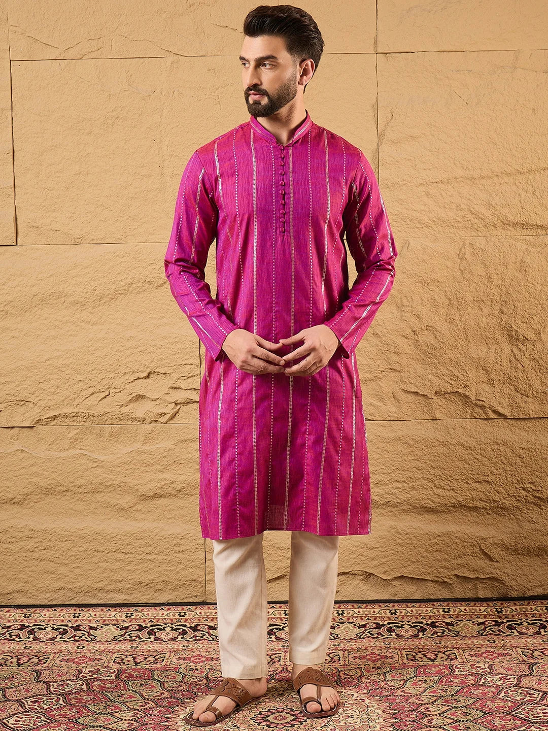 Ethnic Bay Men Pink Cotton Solid Embroidered Straight Kurta-MKU1120