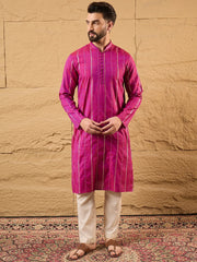 Ethnic Bay Men Pink Cotton Solid Embroidered Straight Kurta-MKU1120
