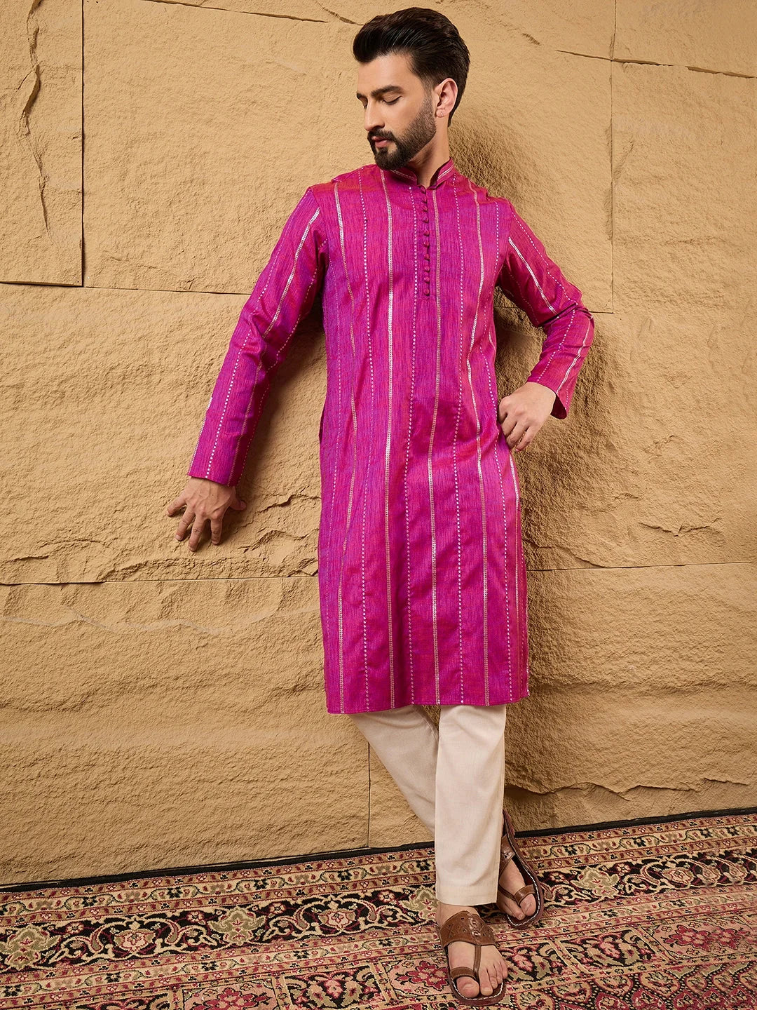 Ethnic Bay Men Pink Cotton Solid Embroidered Straight Kurta-MKU1120