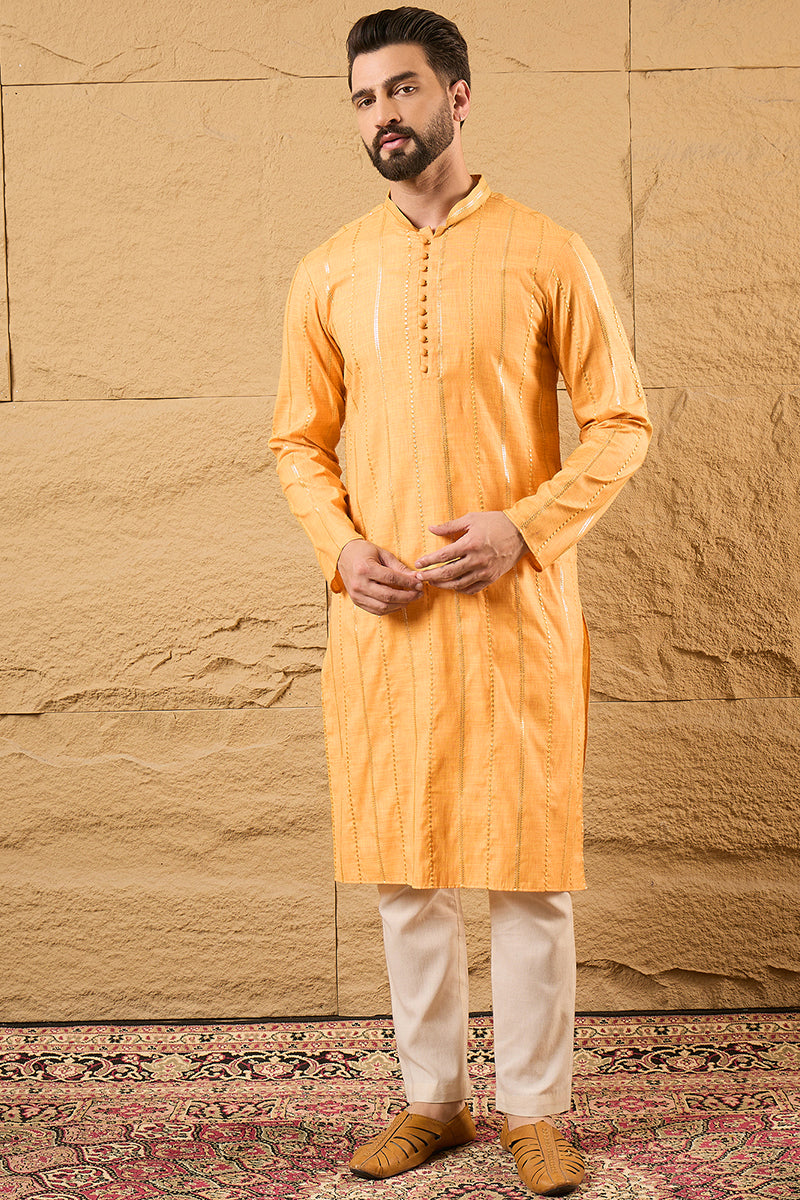 Yellow Cotton Embroidered Straight Kurta HOPMKU1122 | DesiQlo