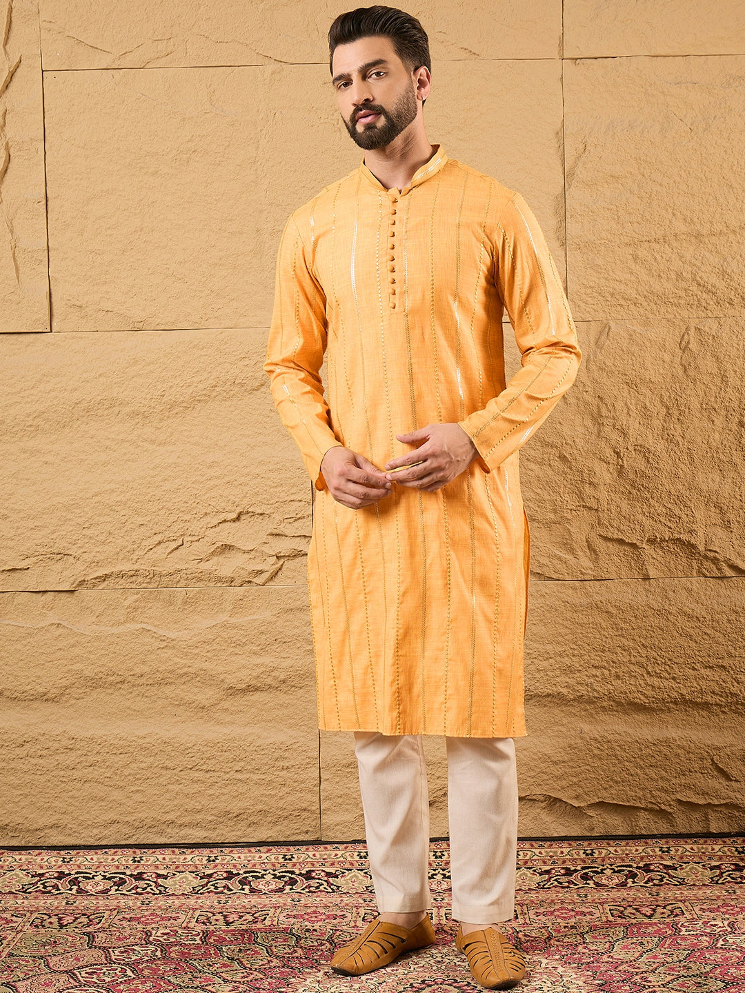Ethnic Bay Men Yellow Cotton Solid Embroidered Straight Kurta-MKU1122
