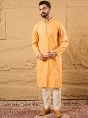 Ethnic Bay Men Yellow Cotton Solid Embroidered Straight Kurta-MKU1122