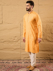 Ethnic Bay Men Yellow Cotton Solid Embroidered Straight Kurta-MKU1122