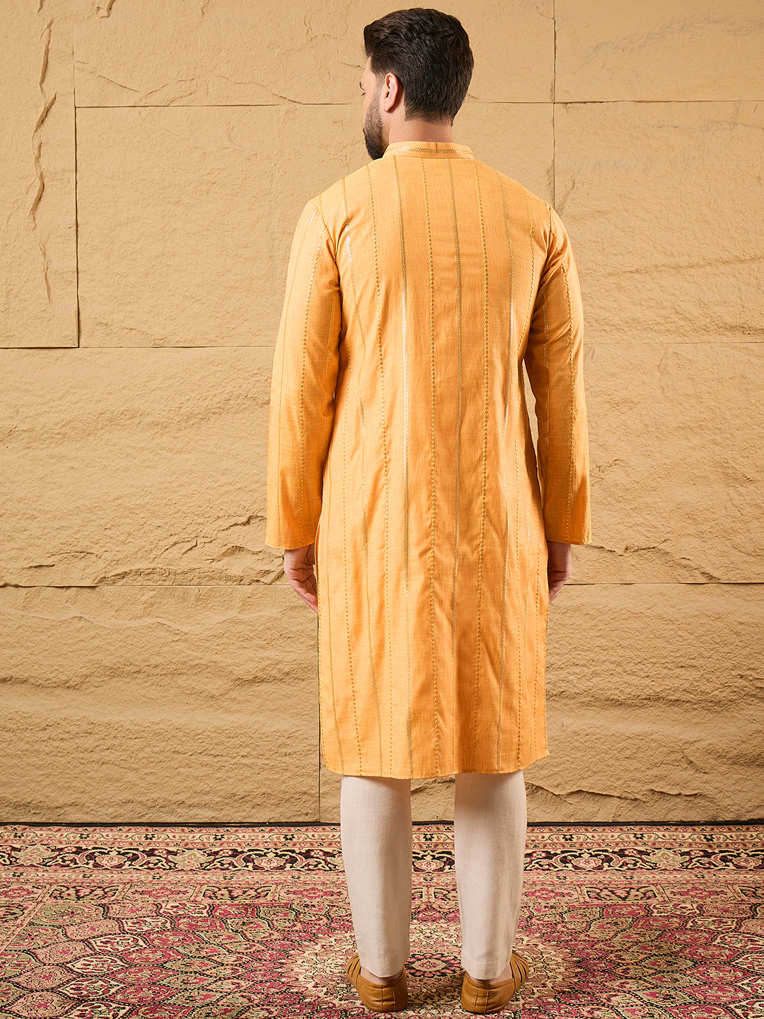 Ethnic Bay Men Yellow Cotton Solid Embroidered Straight Kurta-MKU1122