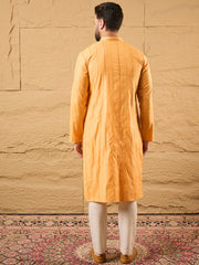Ethnic Bay Men Yellow Cotton Solid Embroidered Straight Kurta-MKU1122