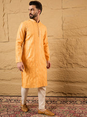 Ethnic Bay Men Yellow Cotton Solid Embroidered Straight Kurta-MKU1122