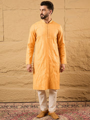 Ethnic Bay Men Yellow Cotton Solid Embroidered Straight Kurta-MKU1122