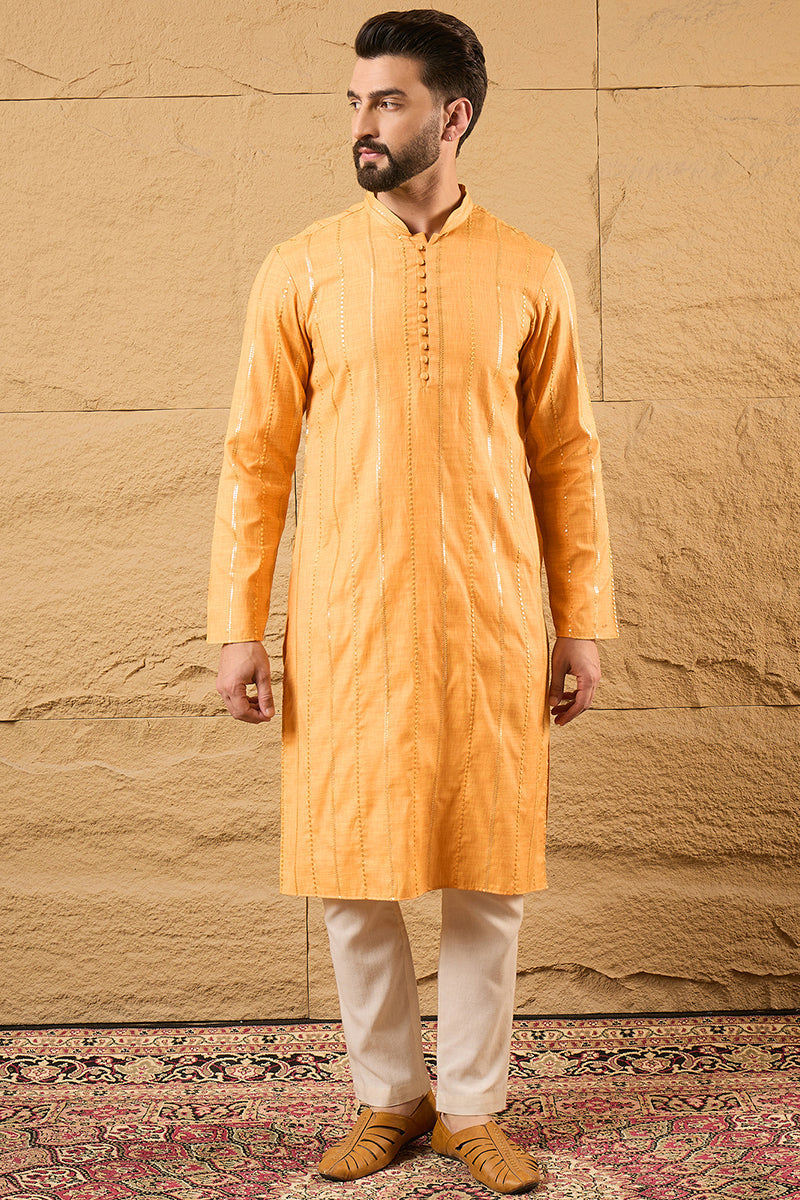 Yellow Cotton Embroidered Straight Kurta HOPMKU1122 | DesiQlo