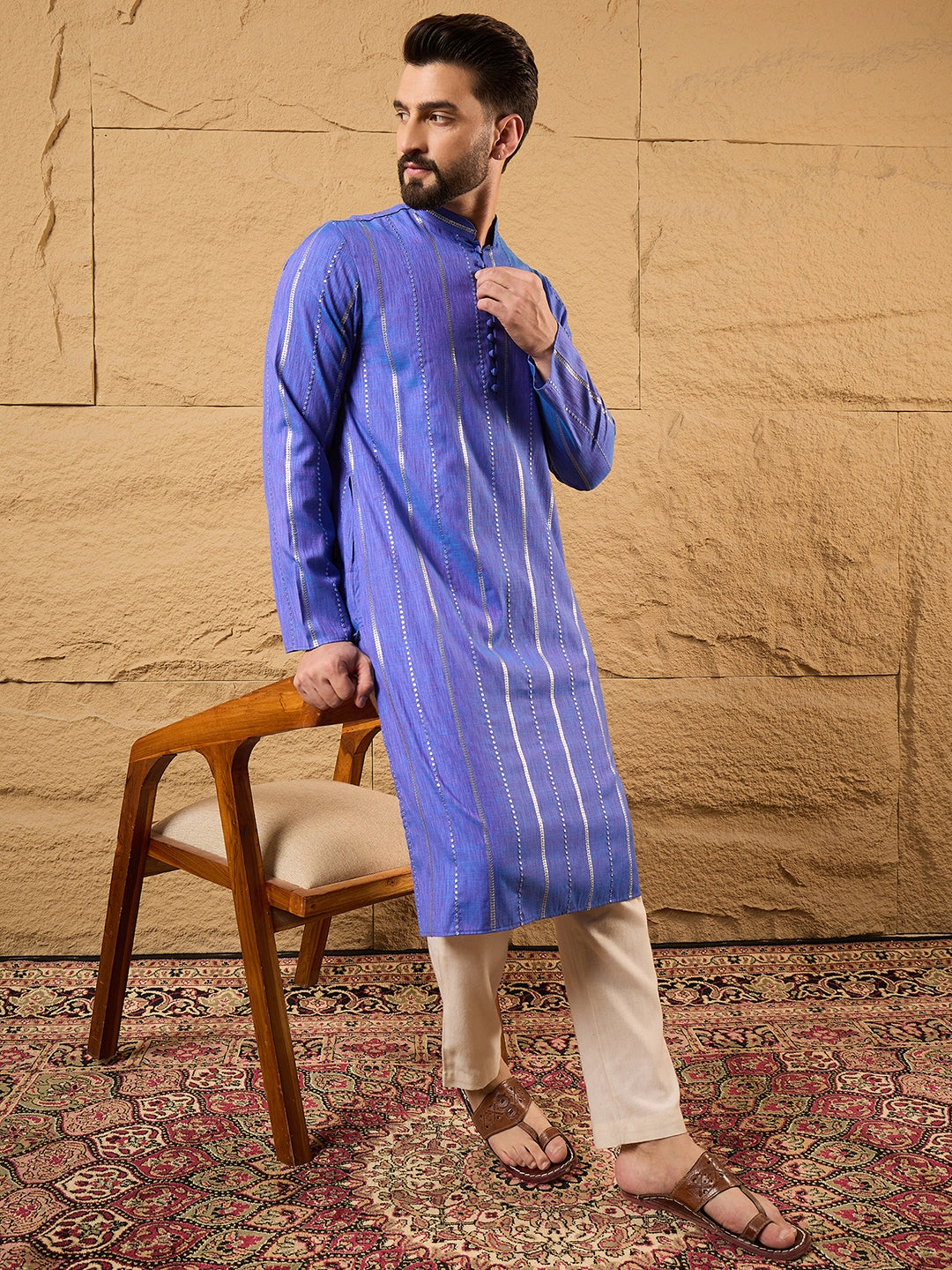 Ethnic Bay Men Blue Cotton Solid Embroidered Straight Kurta-MKU1123