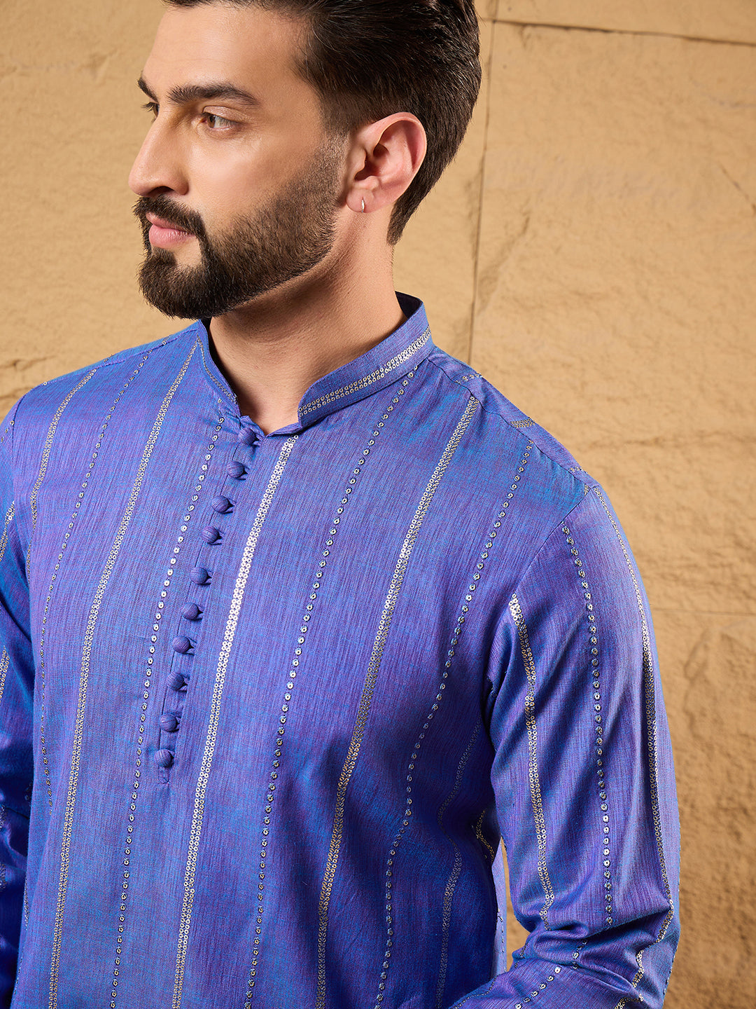 Ethnic Bay Men Blue Cotton Solid Embroidered Straight Kurta-MKU1123
