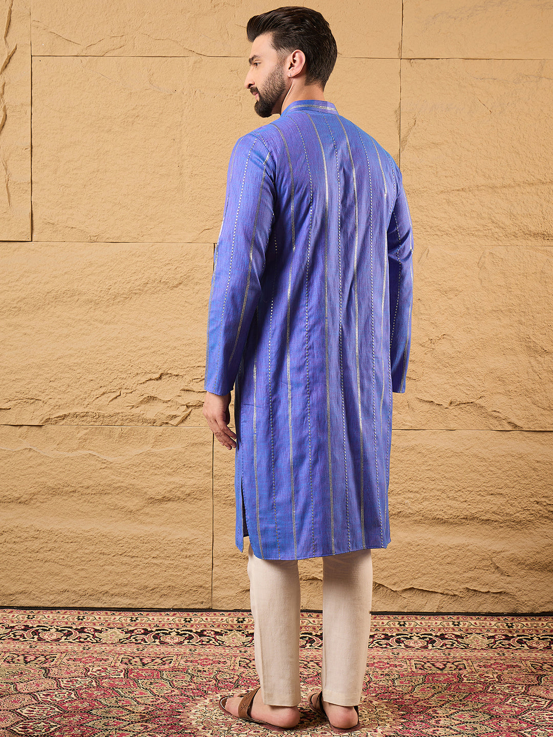 Ethnic Bay Men Blue Cotton Solid Embroidered Straight Kurta-MKU1123
