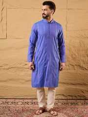 Ethnic Bay Men Blue Cotton Solid Embroidered Straight Kurta-MKU1123